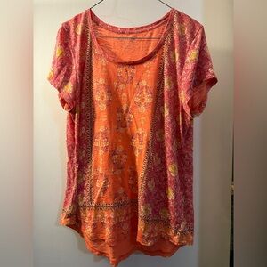 Women's Lucky Brand Orange and Pink Patterned Top L Short Sleeve